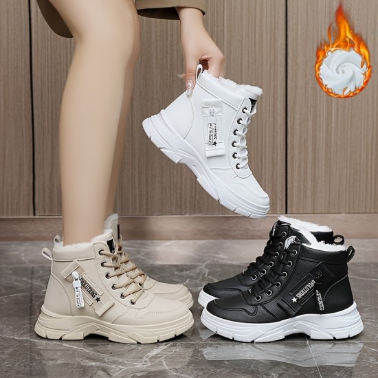 Women's Platform High Top Sneakers, Casual Lace Up Plush Lined Shoes, Comfortable Winter Outdoor Shoes