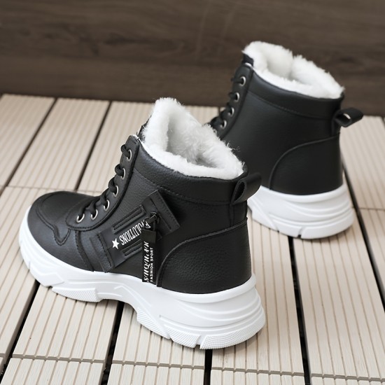 Women's Platform High Top Sneakers, Casual Lace Up Plush Lined Shoes, Comfortable Winter Outdoor Shoes