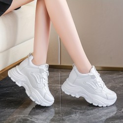 Women's Fashion Heightening Sneakers, Causal Faux Leather Solid Color Lace Up Shoes, Versatile & Breathable Shoes