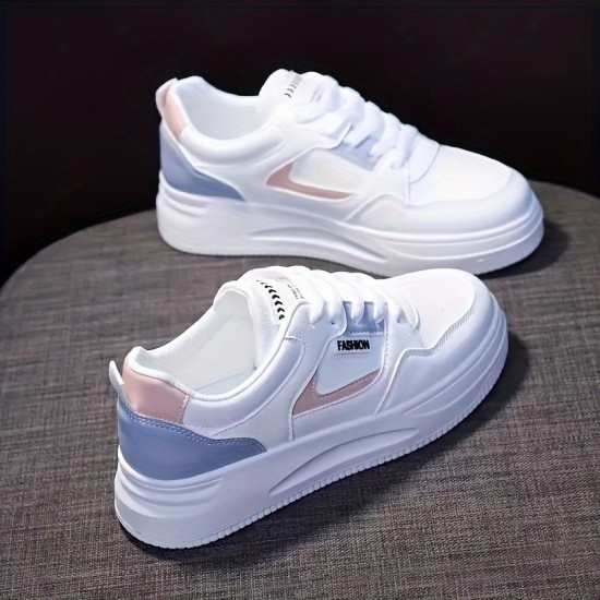 Women's Platform Skate Shoes, Colorblock Round Toe Lace Up Low Top Sneakers, Versatile Walking Sports Shoes