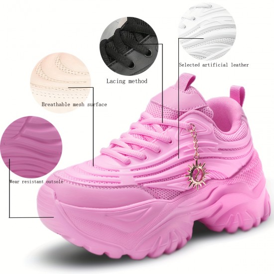 Women's Solid Color Trendy Sneakers, Lace Up Soft Sole Platform Running Shoes, Chain Decor Versatile Low-top Shoes