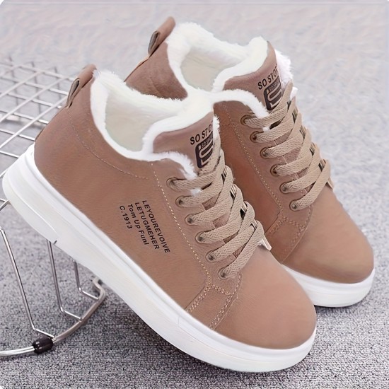 Women's Letter Print Sneakers, Casual Lace Up Plush Lined Shoes, Comfortable Winter Shoes