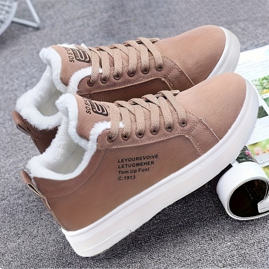 Women's Letter Print Sneakers, Casual Lace Up Plush Lined Shoes, Comfortable Winter Shoes