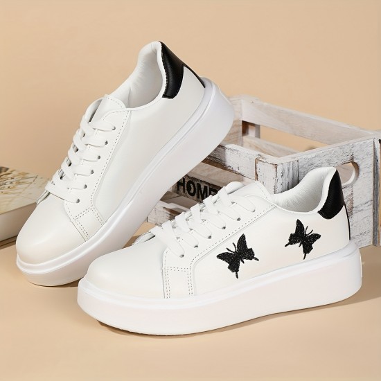 Women's Casual Sneakers, Butterfly Embroidery Thick Sole Lace-up Skate Shoes