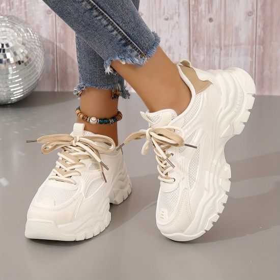 Women's Platform Mesh Sneakers, Lace Up Low-top Round Toe Heightening Outdoor Shoes, Versatile Comfy Sporty Shoes