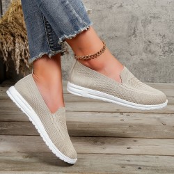 Women's Solid Color Sneakers, Slip On Round Toe Non-slip Low-top Knit Breathable Shoes, Casual Outdoor Sporty Shoes