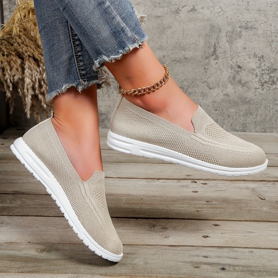 Women's Solid Color Sneakers, Slip On Round Toe Non-slip Low-top Knit Breathable Shoes, Casual Outdoor Sporty Shoes