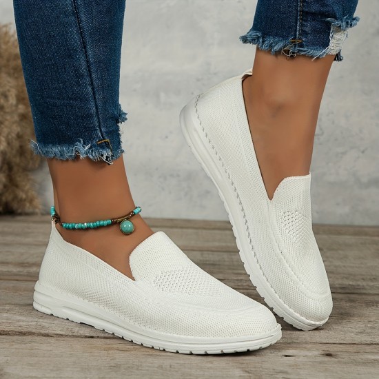 Women's Solid Color Sneakers, Slip On Round Toe Non-slip Low-top Knit Breathable Shoes, Casual Outdoor Sporty Shoes