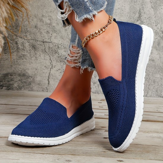 Women's Solid Color Sneakers, Slip On Round Toe Non-slip Low-top Knit Breathable Shoes, Casual Outdoor Sporty Shoes