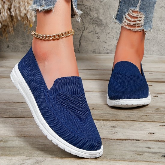 Women's Solid Color Sneakers, Slip On Round Toe Non-slip Low-top Knit Breathable Shoes, Casual Outdoor Sporty Shoes