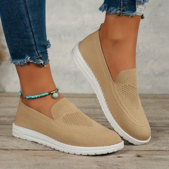 Women's Solid Color Sneakers, Slip On Round Toe Non-slip Low-top Knit Breathable Shoes, Casual Outdoor Sporty Shoes