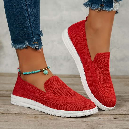 Women's Solid Color Sneakers, Slip On Round Toe Non-slip Low-top Knit Breathable Shoes, Casual Outdoor Sporty Shoes