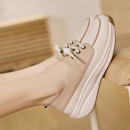 Women's Solid Color Casual Sneakers, Lace Up Soft Sole Platform Walking Shoes, Lightweight Low-top Shoes