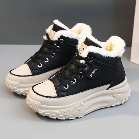 Women's Contrast Color Platform Sneakers, Causal Lace Up Plush Lined Outdoor Shoes, Comfortable Mid Top Shoes