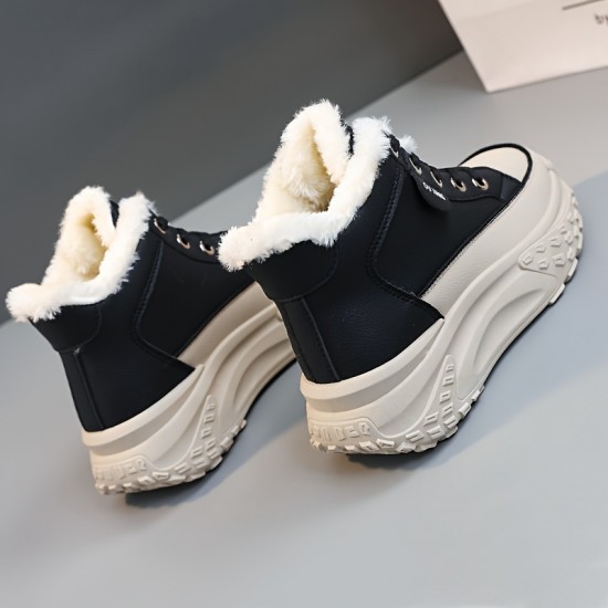 Women's Contrast Color Platform Sneakers, Causal Lace Up Plush Lined Outdoor Shoes, Comfortable Mid Top Shoes