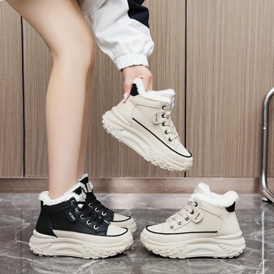 Women's Contrast Color Platform Sneakers, Causal Lace Up Plush Lined Outdoor Shoes, Comfortable Mid Top Shoes