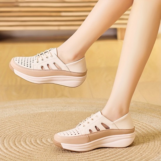 Women's Trendy Flat Sneakers, Casual Lace Up Outdoor Shoes, Comfortable Buckle Strap Detailed Shoes