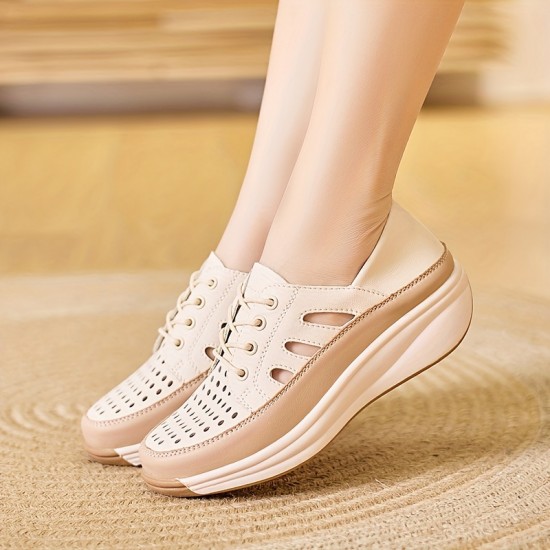 Women's Trendy Flat Sneakers, Casual Lace Up Outdoor Shoes, Comfortable Buckle Strap Detailed Shoes