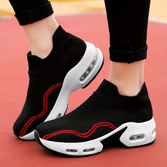 Women's Air Cushion Sock Sneakers, Chunky Heel Breathable Slip On Sports Shoes, Casual Low Top Walking Shoes