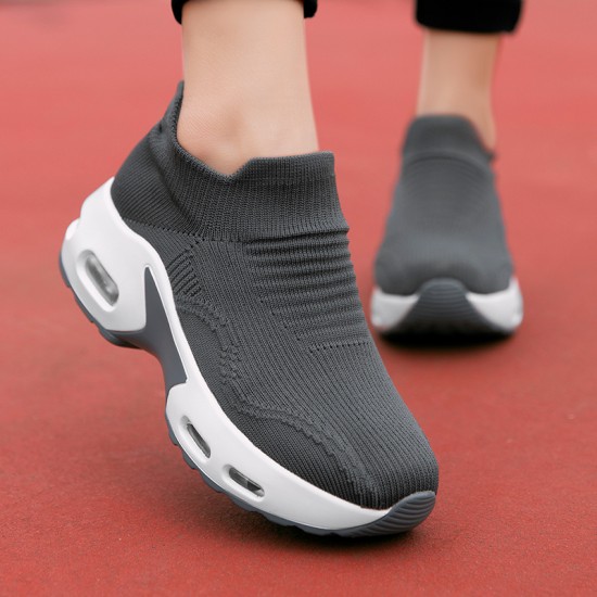 Women's Air Cushion Sock Sneakers, Chunky Heel Breathable Slip On Sports Shoes, Casual Low Top Walking Shoes