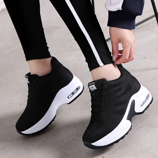 Women's Lightweight Mesh Sneakers, Platform Low Top Lace Up Height Increased Casual Shoes, Women's Sport Footwear