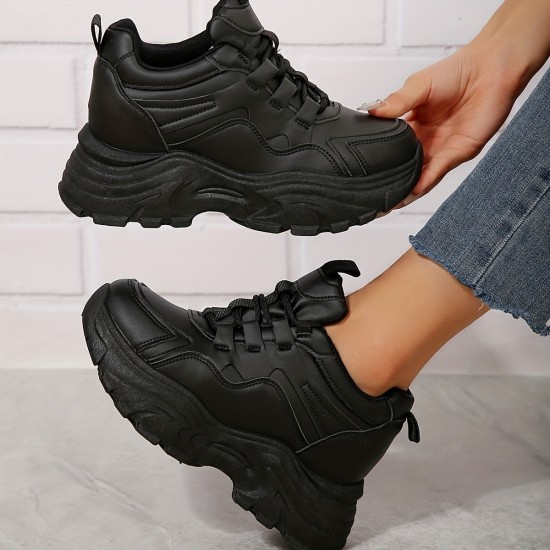 Women's Platform Chunky Sneakers, Solid Color Lace Up Height Increasing Shoes, Casual Walking Shoes