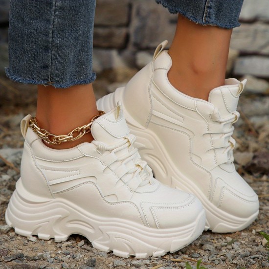 Women's Platform Chunky Sneakers, Solid Color Lace Up Height Increasing Shoes, Casual Walking Shoes