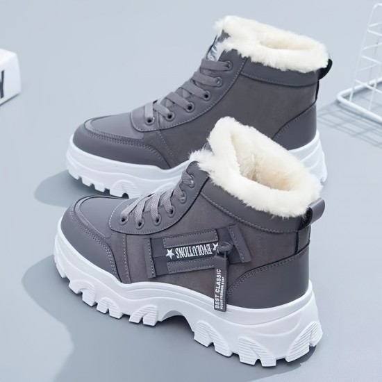 Women's Plush Lined Winter Sneakers, Thermal Lace Up High Top Snow Boots, Keep Warm Platform Ankle Boots