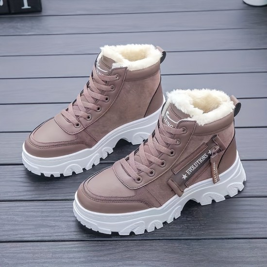 Women's Plush Lined Winter Sneakers, Thermal Lace Up High Top Snow Boots, Keep Warm Platform Ankle Boots