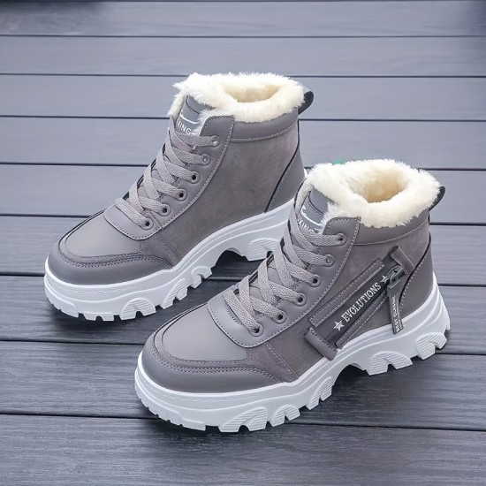 Women's Plush Lined Winter Sneakers, Thermal Lace Up High Top Snow Boots, Keep Warm Platform Ankle Boots