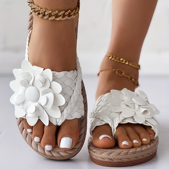 Women's Flower Flat Flip Flops, Boho Style Braided Band Open Toe Shoes, Casual Non Slip Slides