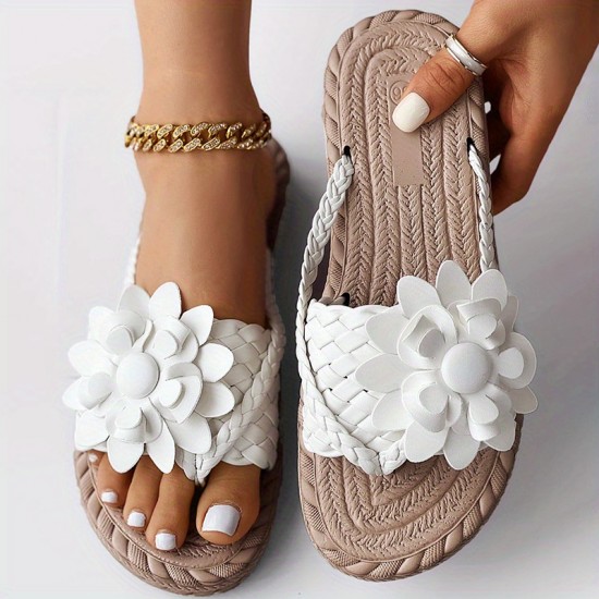 Women's Flower Flat Flip Flops, Boho Style Braided Band Open Toe Shoes, Casual Non Slip Slides