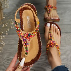 Women's Beaded Decor Flip Flops, Open Round Toe Elastic Ankle Strap Sandals, Women's Comfy Shoes