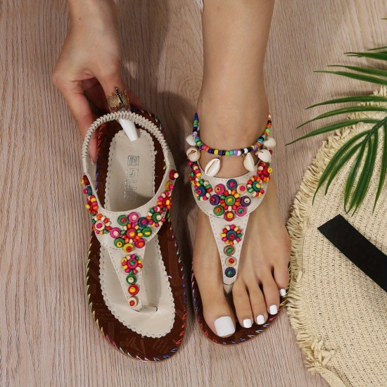 Women's Beaded Decor Flip Flops, Open Round Toe Elastic Ankle Strap Sandals, Women's Comfy Shoes