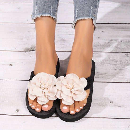 Women's Flower Decor Flip Flops, Casual Clip Toe Slide Sandals, Fashion & Comfortable Beach Shoes