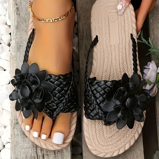 Women's Floral Decor Braided Sandals, Slip On Flat Lightweight Non-slip Slides, Vacation Beach Comfy Thong Sandals