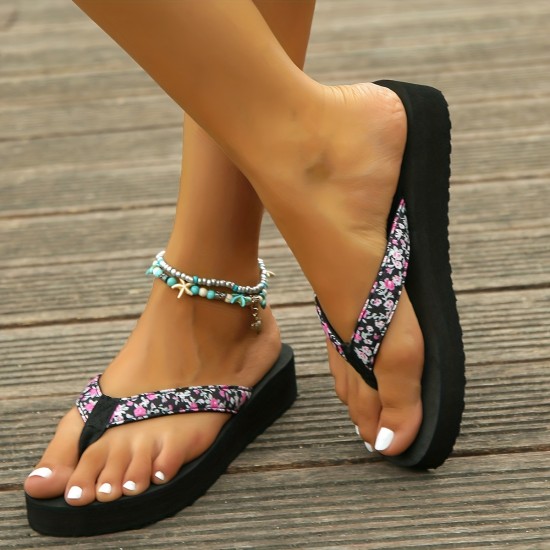 Women's Floral Pattern Flip Flops, Slip On Open Toe Non-slip Soft Thick Sole Wedge Slides, Summer Beach Casual Shoes