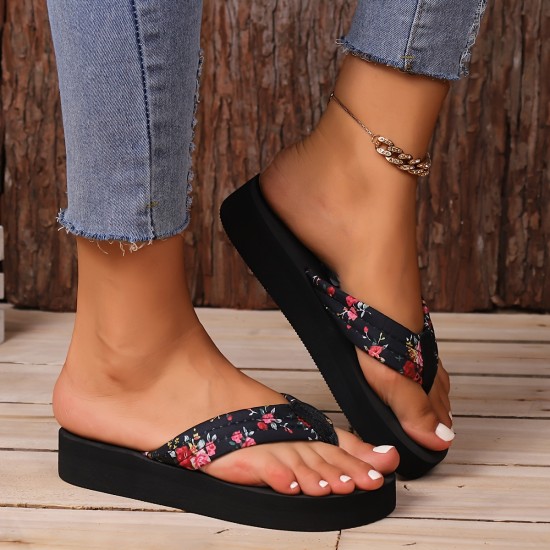 Women's Floral Pattern Flip Flops, Slip On Comfy Platform Soft Sole Slides, Vacation Summer Beach Slides