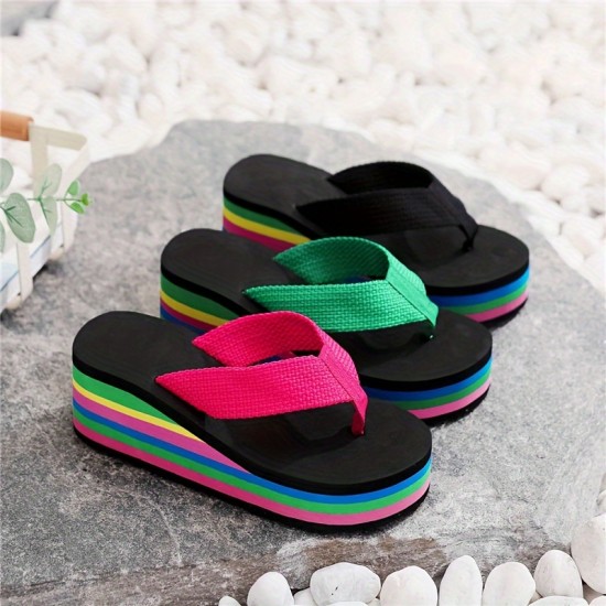 Women's Wedge Flip Flops, Rainbow Sole Slip On Platform Slide Shoes, Casual Lightweight Summer Beach Shoes