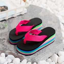 Women's Wedge Flip Flops, Rainbow Sole Slip On Platform Slide Shoes, Casual Lightweight Summer Beach Shoes