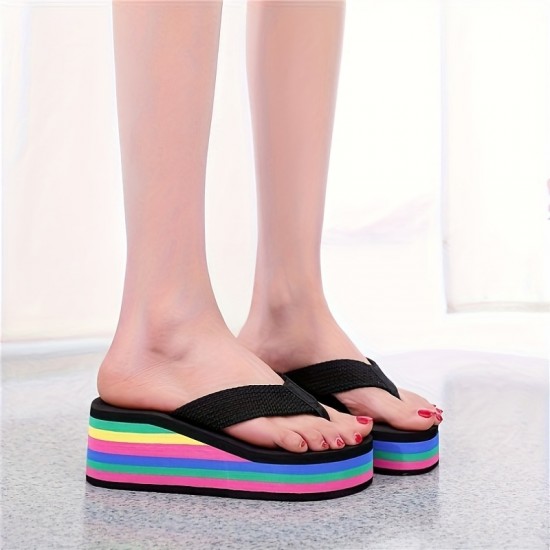 Women's Wedge Flip Flops, Rainbow Sole Slip On Platform Slide Shoes, Casual Lightweight Summer Beach Shoes