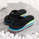 Women's Wedge Flip Flops, Rainbow Sole Slip On Platform Slide Shoes, Casual Lightweight Summer Beach Shoes