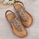 Women's Boho Stile Thong Sandals, Rhinestone Decor Elastic Strap Slip On Shoes, Summer Vacation Beach Sandals