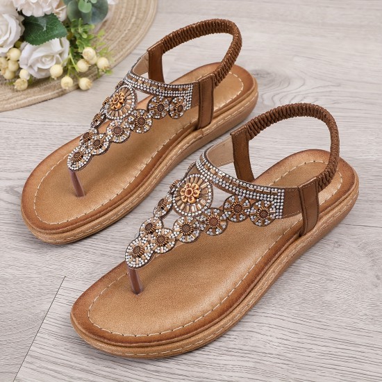 Women's Boho Stile Thong Sandals, Rhinestone Decor Elastic Strap Slip On Shoes, Summer Vacation Beach Sandals