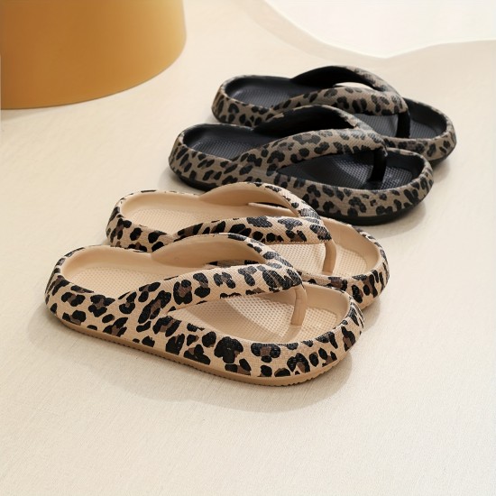 Fashion Leopard Print Flip Flops, Soft Sole EVA Platform Slide Shoes, Indoor & Outdoor Beach Slides