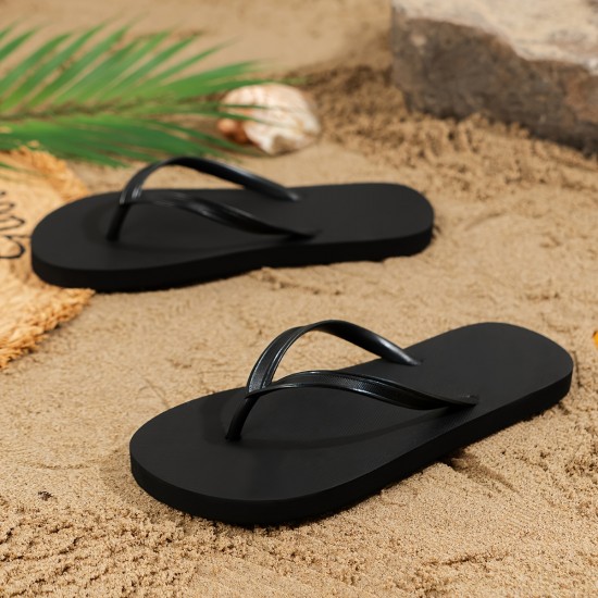 Women's Solid Color Flip Flops, Slip On Minimalist Lightweight Flat Casual Slides, Vacation Summer Beach Comfy Shoes