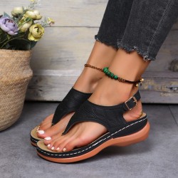 Women's Thone Wedge Sandals, Solid Color Ankle Buckle Strap Slingback Open Toe Shoes, Casual Retro Shoes