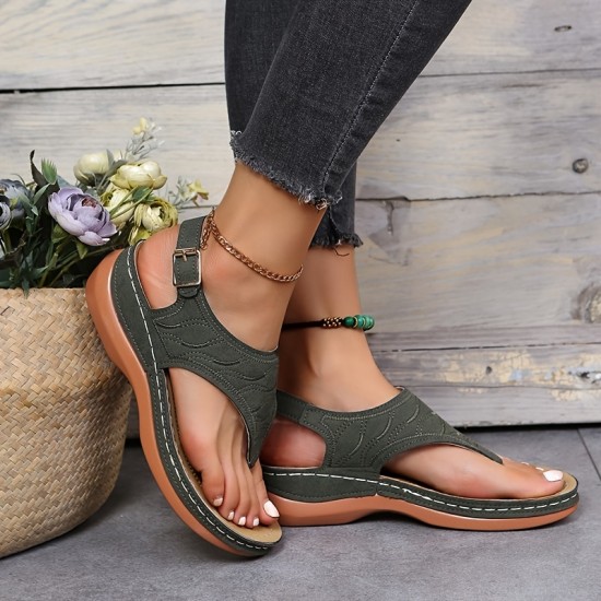 Women's Thone Wedge Sandals, Solid Color Ankle Buckle Strap Slingback Open Toe Shoes, Casual Retro Shoes