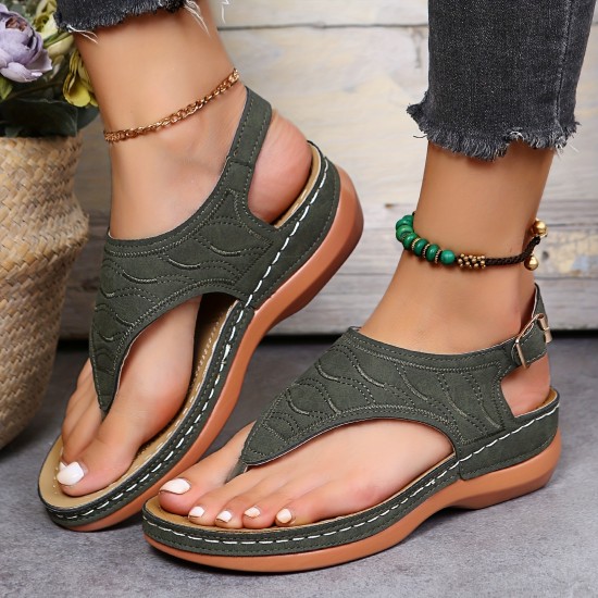 Women's Thone Wedge Sandals, Solid Color Ankle Buckle Strap Slingback Open Toe Shoes, Casual Retro Shoes