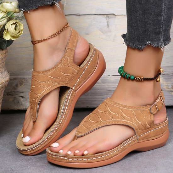 Women's Thone Wedge Sandals, Solid Color Ankle Buckle Strap Slingback Open Toe Shoes, Casual Retro Shoes